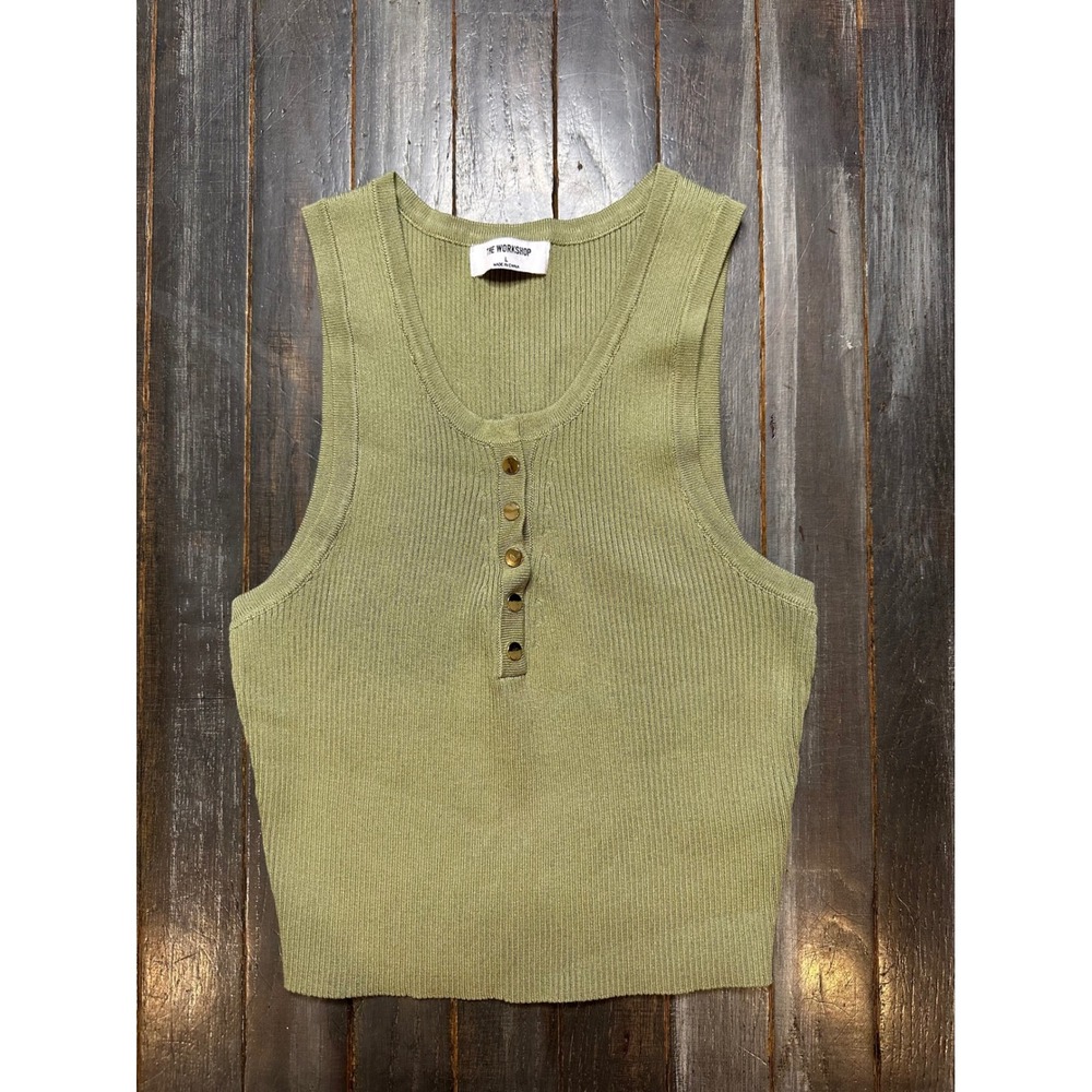 The Workshop Sage Green Ribbed Henley Knit Crop Tank Top Large